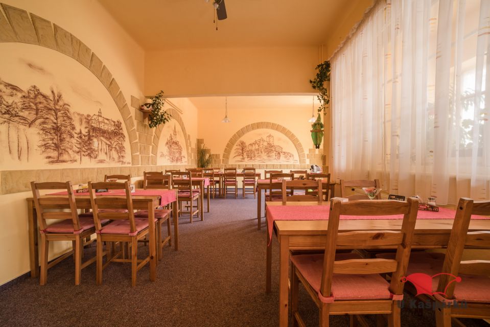 The restaurant’s main hall with a wall mural