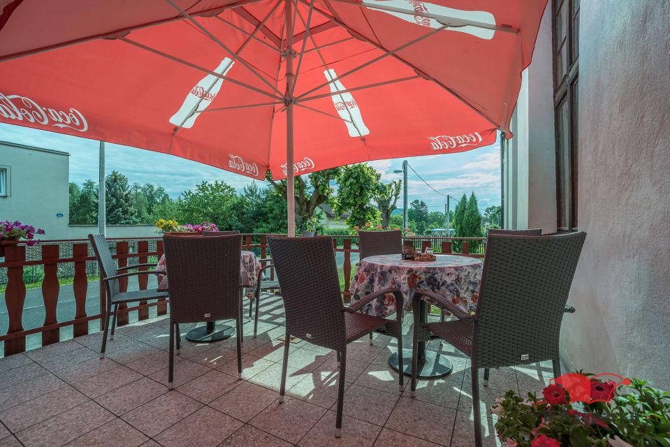 The restaurant’s outdoor terrace with parasols